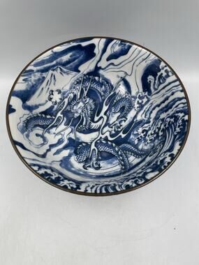 Authentic Japanese Mino Ware Blue on White Dragon And Mt Fuji Ramen Noodle Bowl